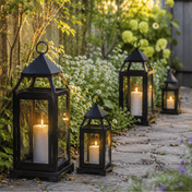Black metal lanterns with lit candles lining a stone garden path - thumbnail number 6