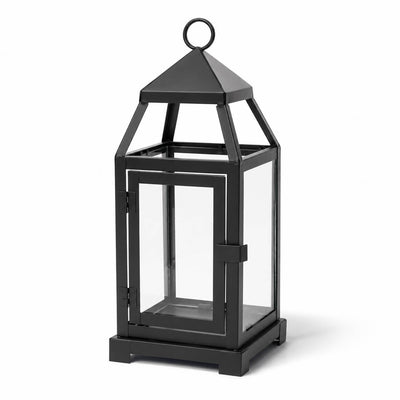 Richland Black Contemporary Metal Lantern with Clear Glasses - Small