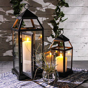 Richland Black Contemporary Metal Lantern with Clear Glasses - Small