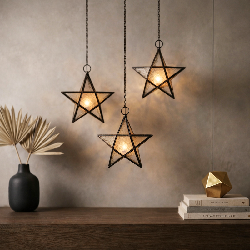 Richland Hanging Star Metal Tealight Lantern with Clear Embossed Glass - thumbnail number 7
