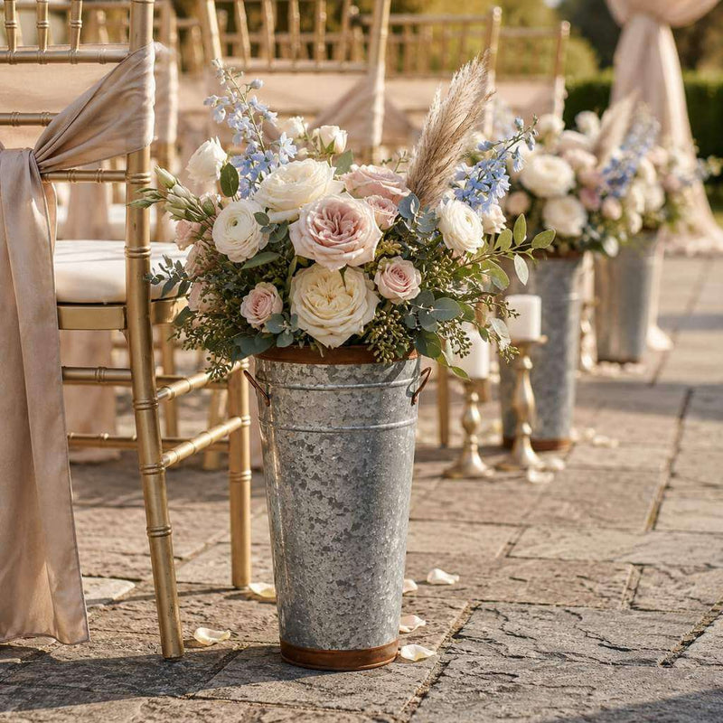 Two-tone French flower market bucket with floral arrangement beside chairs - thumbnail number 8