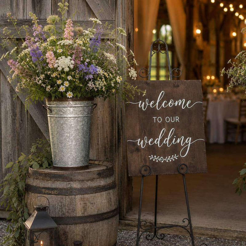 Two-tone French flower market bucket filled with wildflower arrangement on a barrel - thumbnail number 10