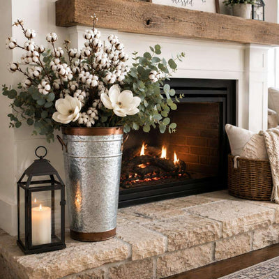 Two-tone French flower market bucket filled with cotton stems and eucalyptus by a fireplace - thumbnail number 7