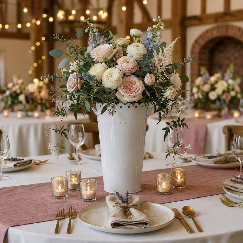 White scalloped flower market bucket filled with pastel roses and blue delphinium on a table - thumbnail number 3