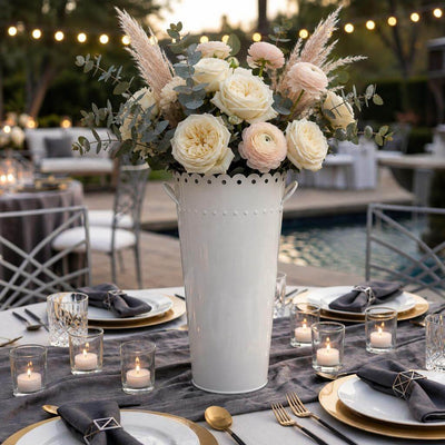White scalloped flower market bucket filled with pampas grass and roses on a dining table - thumbnail number 4