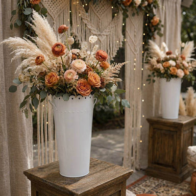 18" Scalloped White Enamel Oval Flower Market Bucket with rust-colored floral arrangement - thumbnail number 6