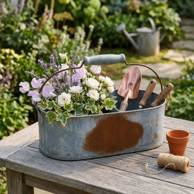 Weathered metal gray caddy holding garden flowers and hand tools - thumbnail number 5