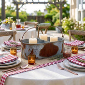 Weathered metal gray caddy holding candles as an outdoor patio centerpiece - thumbnail number 7