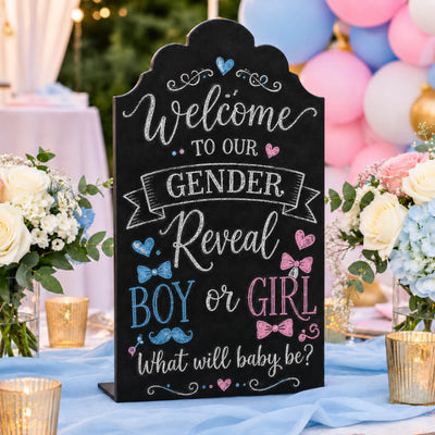 Elegant standing metal chalkboard 9" x 14" with gender reveal message on party table - thumbnail number 4
