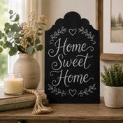 Elegant standing metal chalkboard 9" x 14" with Home Sweet Home message on a table - thumbnail number 6