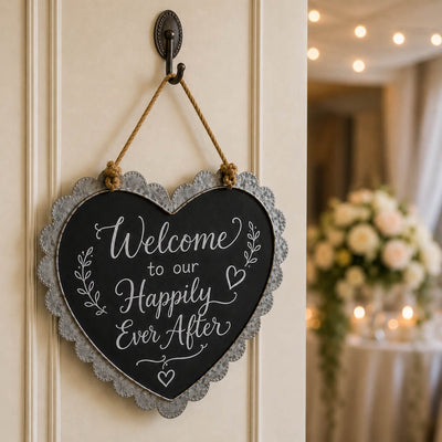 Scallop edge zinc frame heart chalkboard hanging with Happily Ever After text - thumbnail number 2
