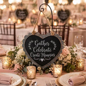 Scallop edge zinc frame heart chalkboard with Gather Celebrate text on a decorated table - thumbnail number 3