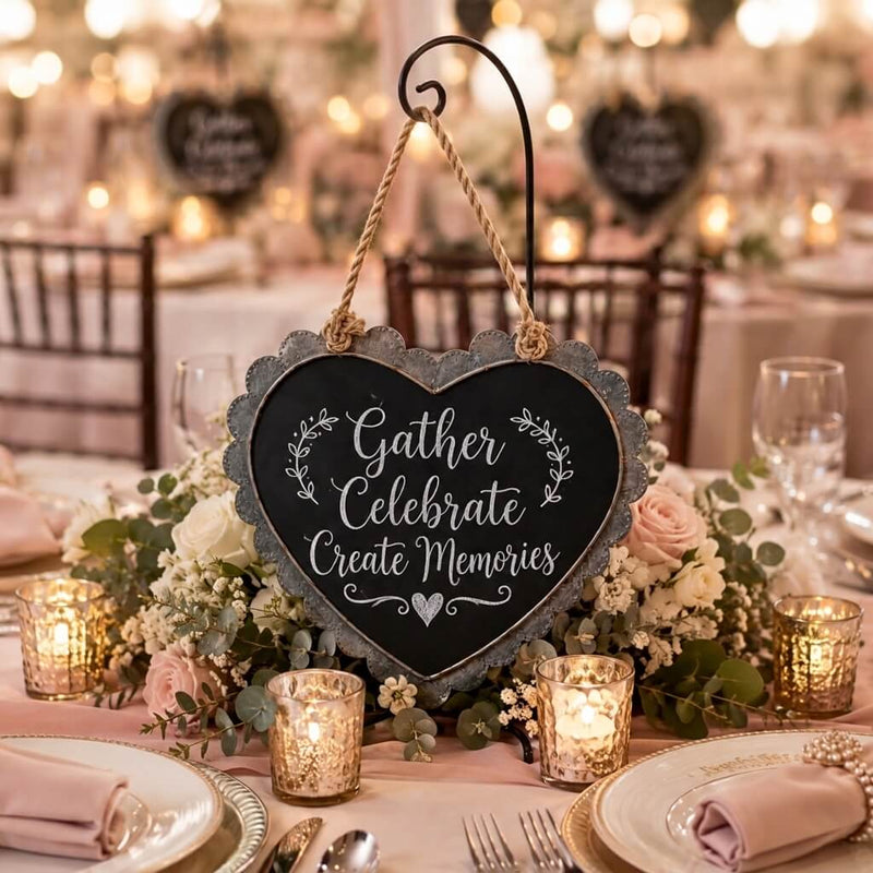 Scallop edge zinc frame heart chalkboard with Gather Celebrate text on a decorated table - thumbnail number 3