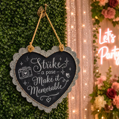 Scallop edge zinc frame heart chalkboard with Strike a pose text - thumbnail number 5