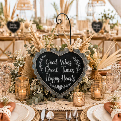 Scallop edge zinc frame heart chalkboard with Good Vibes text on a decorated table - thumbnail number 6