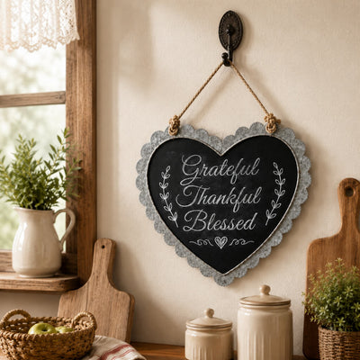Scallop edge zinc frame heart chalkboard with Grateful Thankful Blessed text - thumbnail number 8