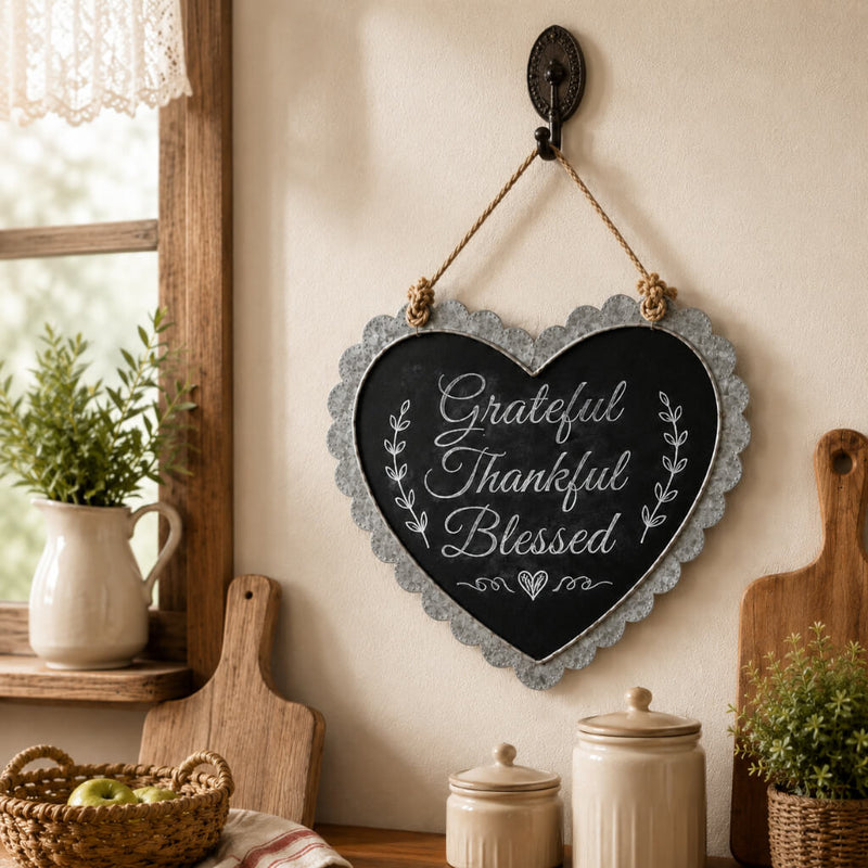 Scallop edge zinc frame heart chalkboard with Grateful Thankful Blessed text - thumbnail number 8