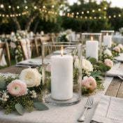 Lit white pillar candles in Wide Cylinder Vase along an outdoor garden gala tablescape - thumbnail number 4