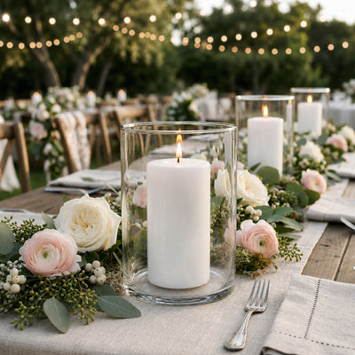 Lit white pillar candles in Wide Cylinder Vase along an outdoor garden gala tablescape - thumbnail number 4