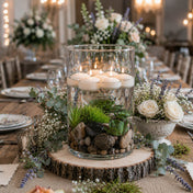 Floating white candles over submerged stones and succulents in a glass cylinder vase centerpiecemnd - thumbnail number 5