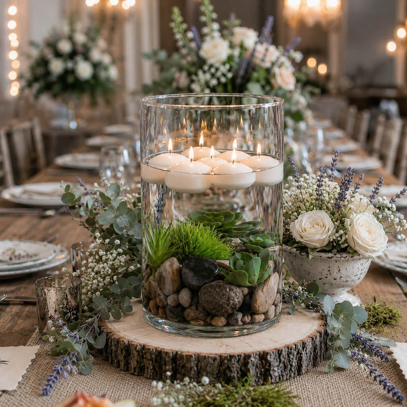 Floating white candles over submerged stones and succulents in a glass cylinder vase centerpiecemnd - thumbnail number 5