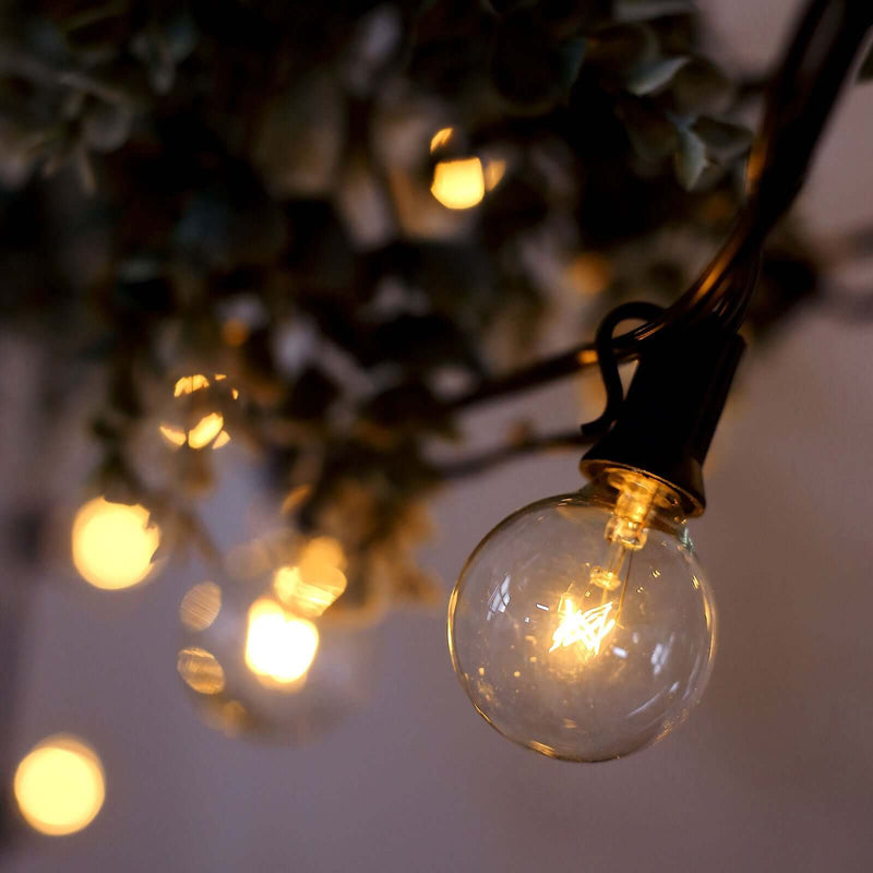 String lights with glowing bulbs hanging from greenery. - thumbnail number 1