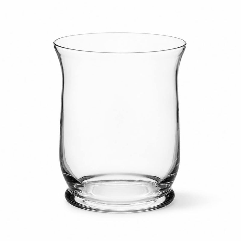 An empty, clear glass Hurricane Vase isolated against a plain white backdrop - thumbnail number 1