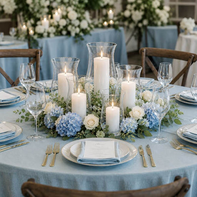 An elegant event table setting anchored by a striking clear 10.5 Hurricane Vase floral display - thumbnail number 5