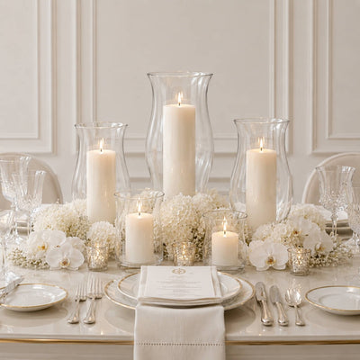A luxury all-white tablescape centerpiece featuring a tiered Hurricane Vase setup - thumbnail number 4