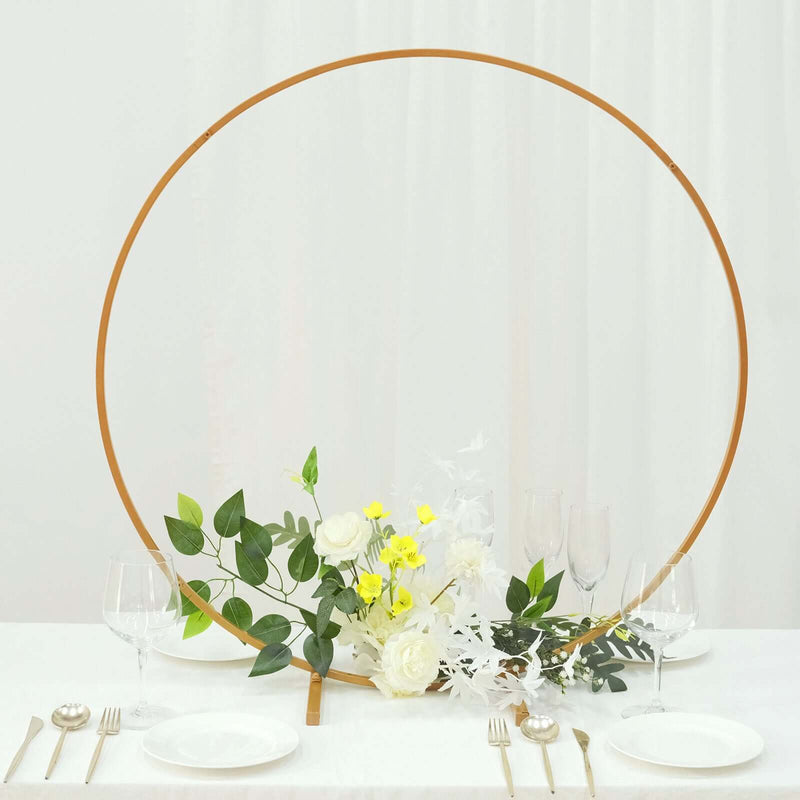 32" Gold Round Hoop Wedding Centerpiece – Metal Self-Standing Floral Wreath Frame - thumbnail number 2