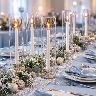 Glass Chimney Candle Shade 2.5" x 12" tubes on a winter wonderland themed gala dining table - thumbnail number 5