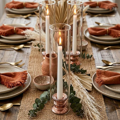 Glass Chimney Candle Shade 2.5" x 12" tubes on a rustic, earth-toned wedding reception table - thumbnail number 4