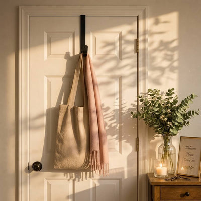 Black metal over-the-door hook holding a tan bag and pink scarf - thumbnail number 8