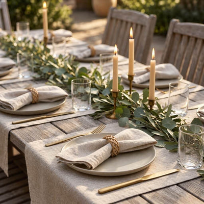 Rustic outdoor dining table setting featuring linen napkins secured with natural lata rings - thumbnail number 3