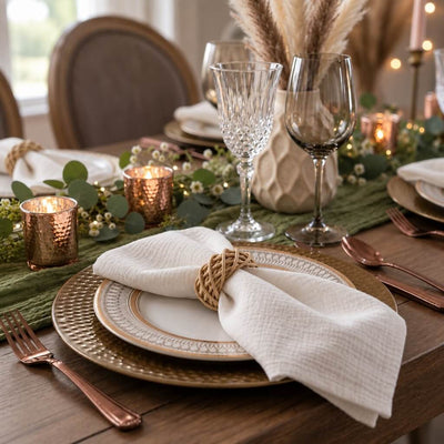 Elegantly set table featuring a napkin secured by a natural lata ring on decorative plates - thumbnail number 4