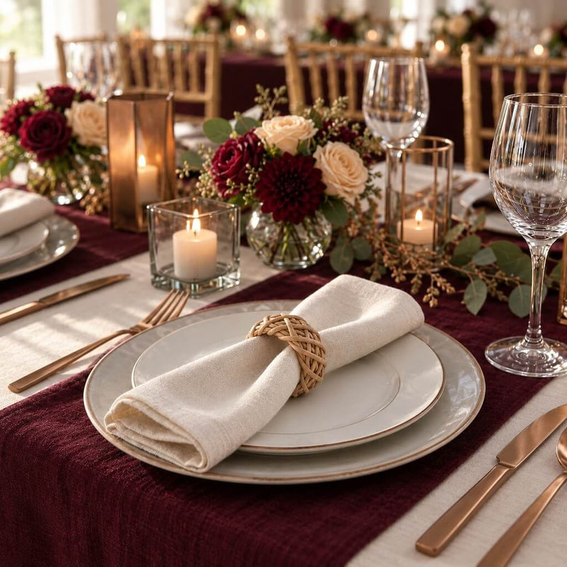 Elegantly set dining table featuring a napkin secured by a natural lata ring - thumbnail number 5