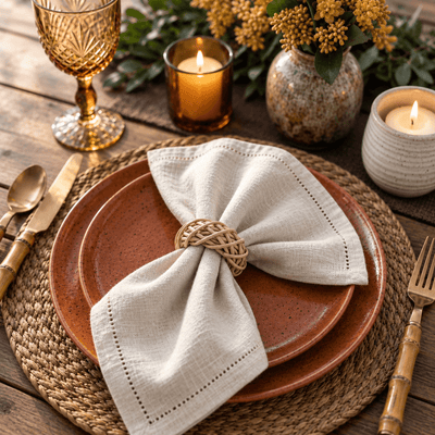 Place setting featuring a natural lata napkin ring securing a beige napkin on terracotta plates - thumbnail number 7