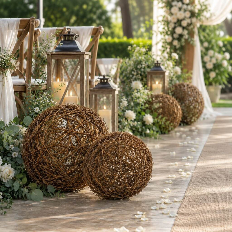 Grapevine topiary balls and lanterns lining a wedding aisle with white petals - thumbnail number 2