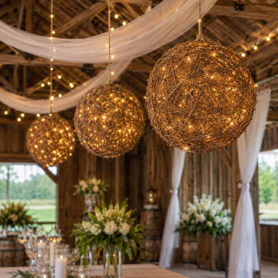 Lit grapevine topiary balls hanging from the ceiling in a rustic venue - thumbnail number 5