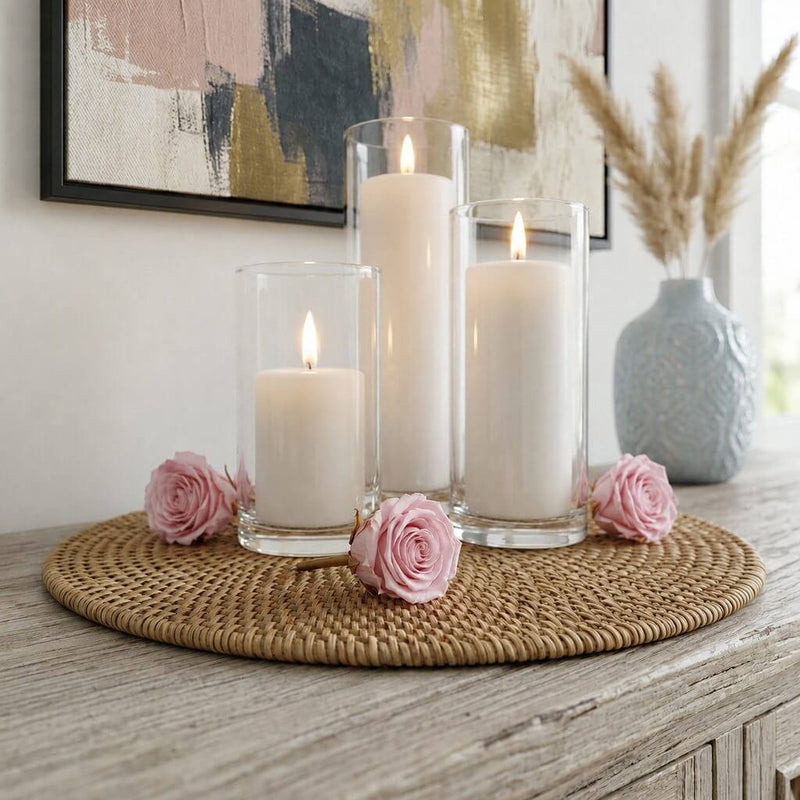 Pink preserved roses and pillar candles in glass holders on a woven placemat - thumbnail number 7