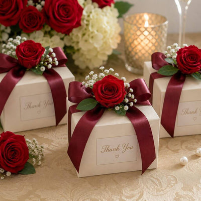 Small white favor boxes decorated with red preserved roses and burgundy ribbon - thumbnail number 5