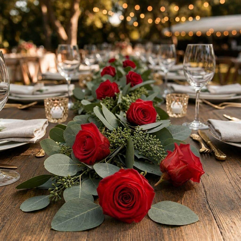 Red preserved roses and eucalyptus leaves form a table runner - thumbnail number 6