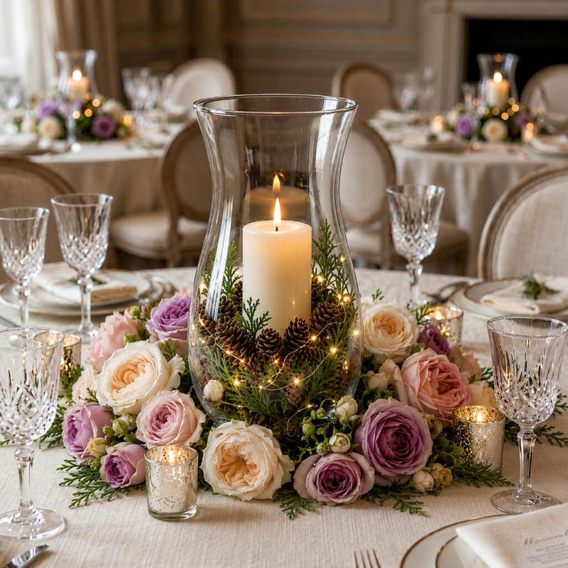 Centerpiece with candle, pine cones, and roses - thumbnail number 3