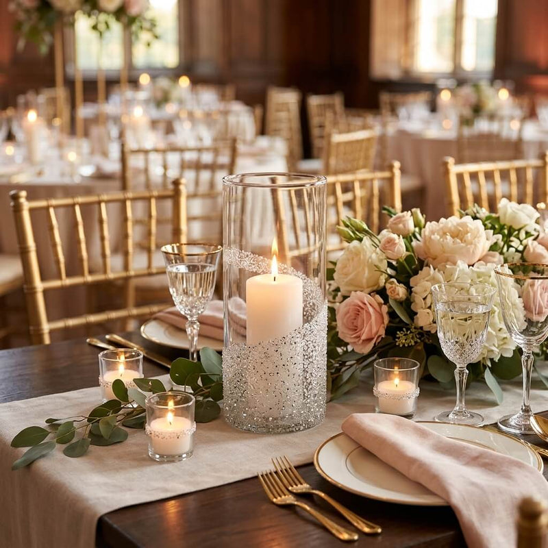 Tall glass cylinder with German glass glitter and a candle as a centerpiece - thumbnail number 3