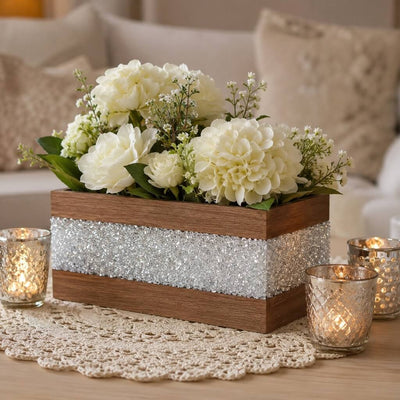 Wooden rectangular planter box with German glass glitter and white flowers - thumbnail number 10
