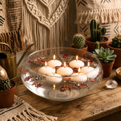 Floating white candles in the Lily Bowl 12" on a rustic table with southwestern decor - thumbnail number 8