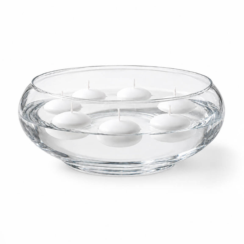 Floating unlit white candles in the Lily Bowl 12" isolated on a solid white background - thumbnail number 2