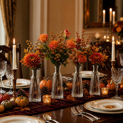 6 oz. pyramid glass bottle with autumn flowers, pumpkins, and candles on a dining table - thumbnail number 3