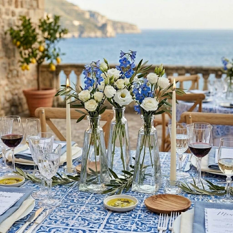 6 oz. pyramid glass bottles with blue and white flowers on a Mediterranean wedding table - thumbnail number 4