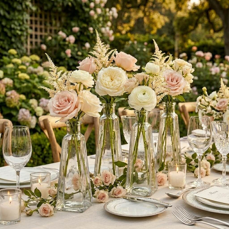 6 oz. pyramid glass bottles with light pink and white roses on a wedding table - thumbnail number 5
